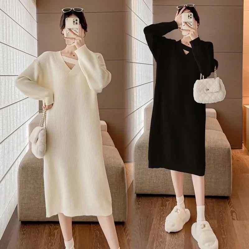 レディース ファッション 服 オシャレ カワイイ 女性用 シンプル 秋 大きいサイズ カジュアル Vネック ニット セーター ワンピース ゆったり 無地 長袖