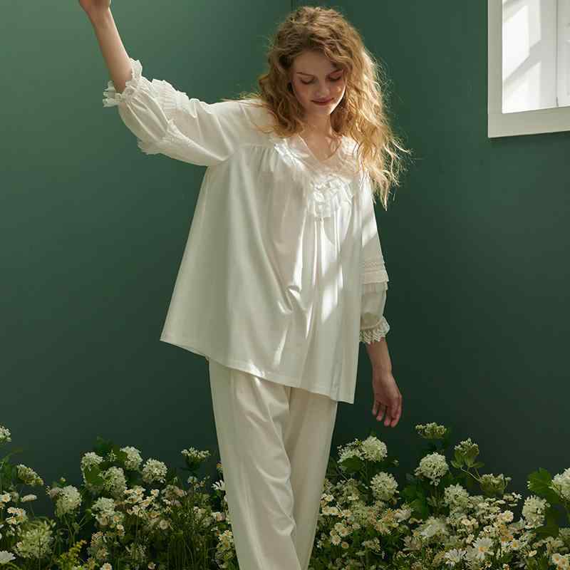 レディース ファッション 服 オシャレ カワイイ 女性用 シンプル ホームウェア フレンチ Vネック スーツ 七分袖 スタイル