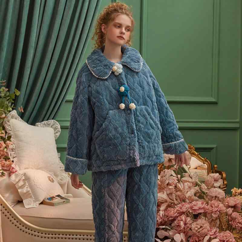 レディース ファッション 服 オシャレ カワイイ 女性用 シンプル 厚手 ベルベット 三層 キルト 秋 パジャマ 綿 ジャケット