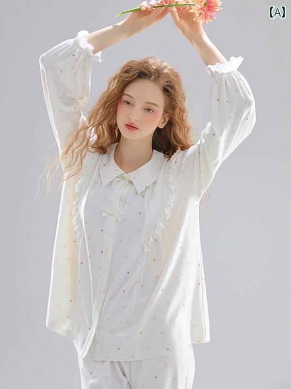 レディース ファッション 服 オシャレ カワイイ 女性用 シンプル 綿 プリント パジャマ 長袖 ホームウェア 秋 薄手 2