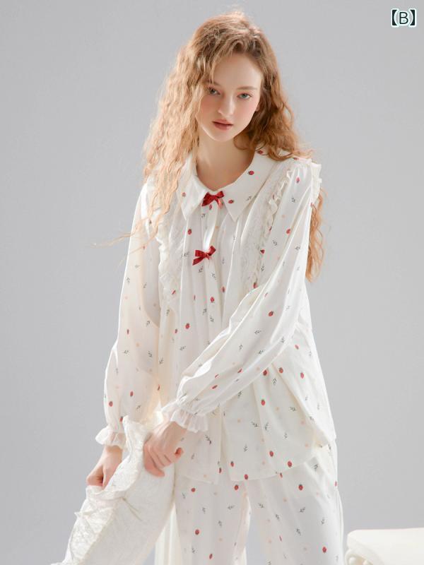 レディース ファッション 服 オシャレ カワイイ 女性用 シンプル 綿 プリント パジャマ 長袖 ホームウェア 秋 薄手 3