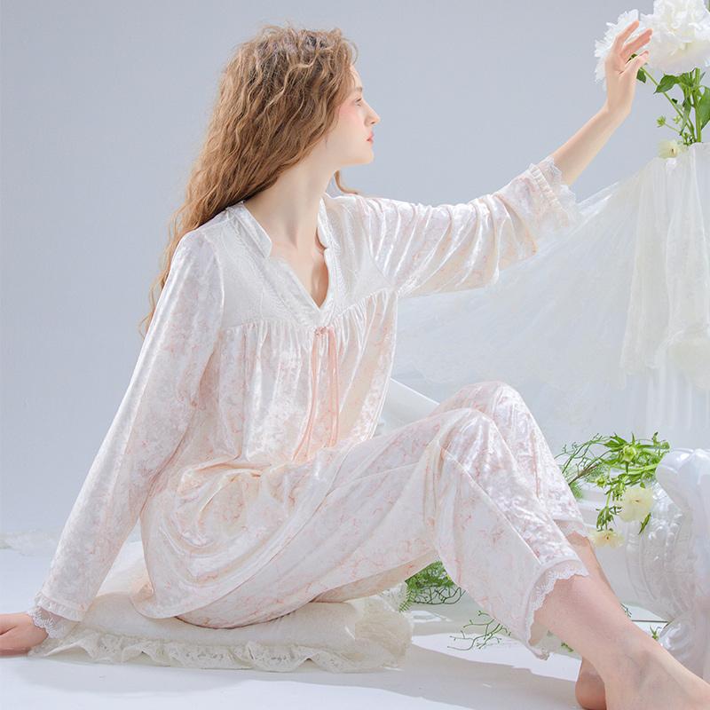 レディース ファッション 服 オシャレ カワイイ 女性用 シンプル ベルベット プリント パジャマ 秋 ホームウェア