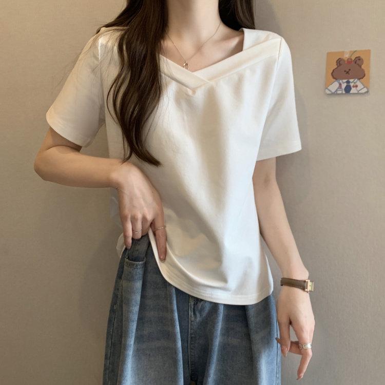 レディース 大人 きれいめ シンプル 上品 着回し ベーシック カジュアル ナチュラル ロングシーズン ホワイト スクエアネック 半袖 Tシャツ スタイル スリム