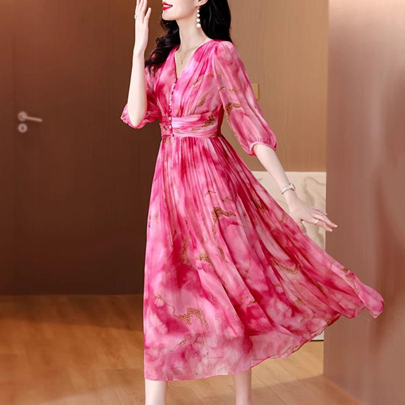 秋コーデ レディース ファッション 女性用 花柄 シフォン ドレス 春秋 スタイル ウエスト 七分袖 ミドル丈