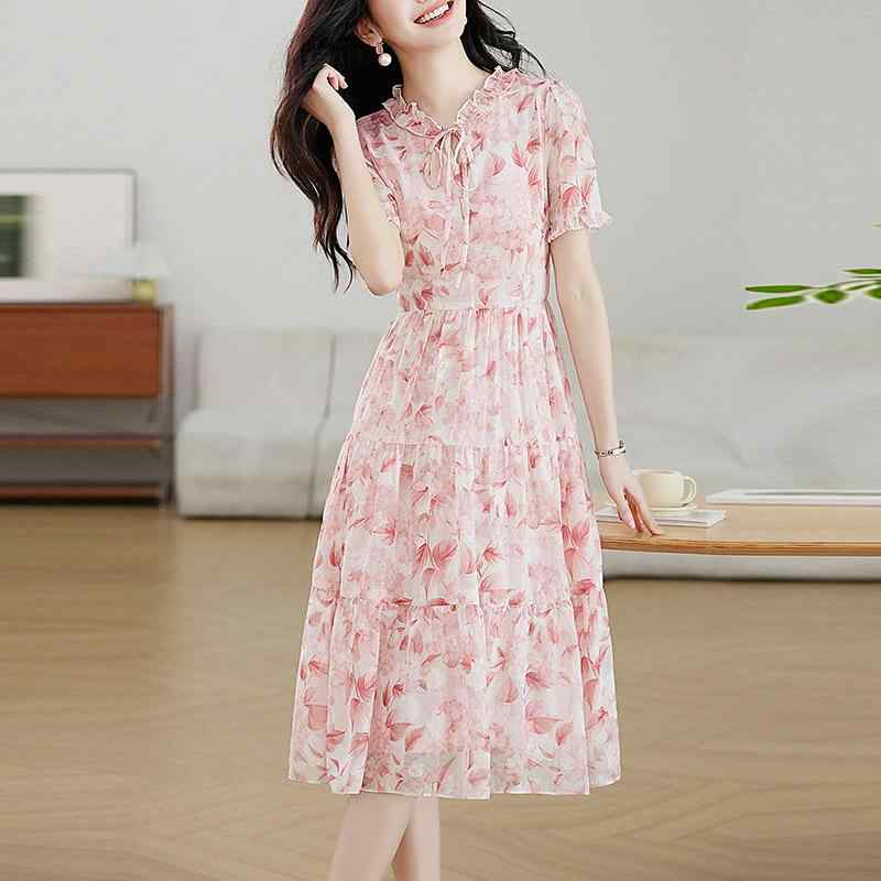 秋コーデ レディース ファッション 女性用 花柄 シフォン ドレス Aライン 半袖 ミディアム