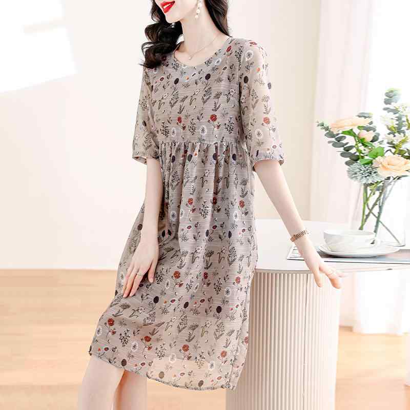 秋コーデ レディース ファッション シフォン 花柄 ワンピース スタイル ゆったり スリム マザー 半袖 ミディアム
