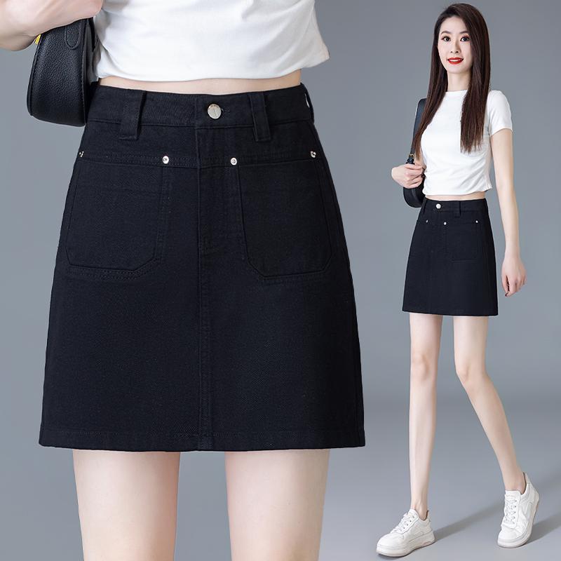 秋コーデ レディース ファッション ブラック デニム スカート 薄手 ハイウエスト スリム Aライン スカート