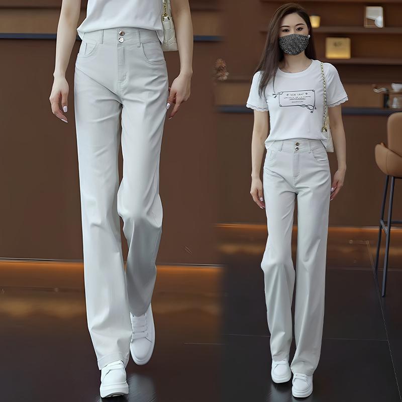 秋コーデ レディース ファッション グレー テンセル ストレート ジーンズ 細身 ハイウエスト ナロー ワイドレッグ パンツ