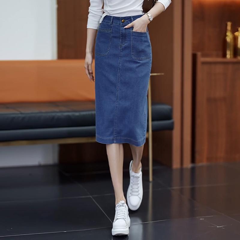 秋コーデ レディース ファッション デニム スカート ハーフ スカート 春秋 ハイウエスト スリム スカート ミディアム Aライン ワンステップ