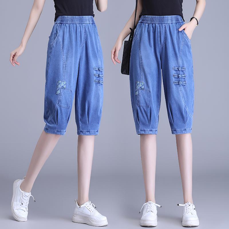 乐天商城 - 秋コーデ レディース ファッション 伸縮性 ストレッチ ストレッチ ウエスト デニム パンツ 細身 スタイル ハーフ ミドル丈 パンツ ハイウエスト スリム 五分丈