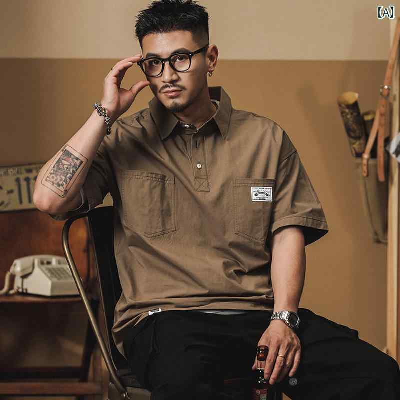 メンズ ファッション 服 男性用 オシャレ シンプル 大人 かっこいい ストリート アメリカン レトロ ワークシャツ 半袖 薄手 ウォッシュ オールド ハンティング ポロ シャツ ジャケット