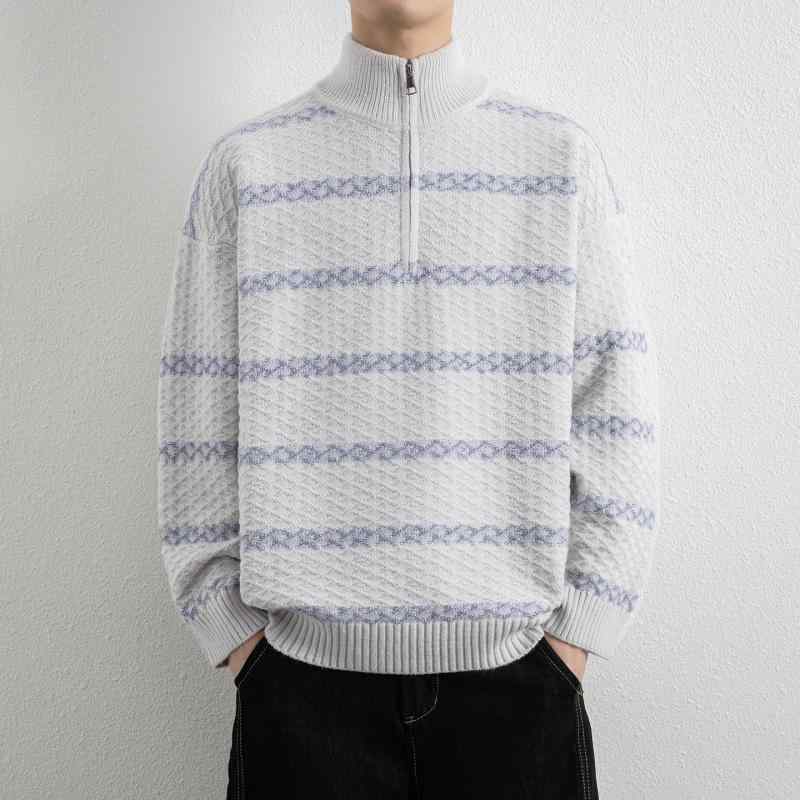 メンズ ファッション 服 男性用 オシャレ シンプル 大人 かっこいい ストリート 紳士服 ハイネック ストライプ ジッパー セーター ゆったり プルオーバー ベース ニットウェア