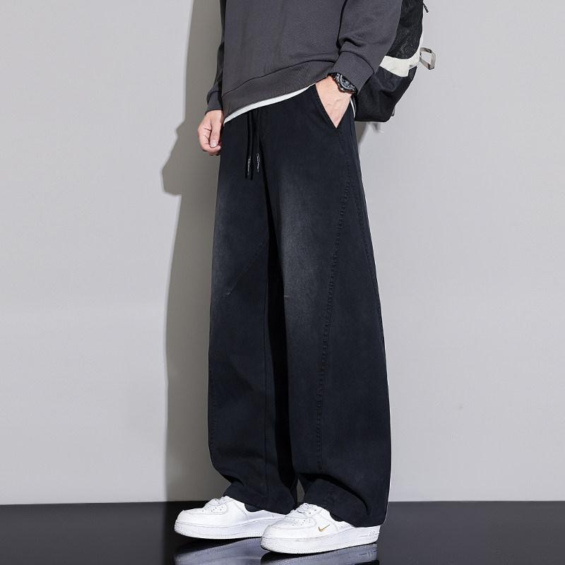 Rakuten - メンズ ファッション 服 男性用 シンプル かっこいい 大人 春コーデ アメリカン レトロ ワイドレッグ ジーンズ ドローストリングダメージ加工 快適 レトロ ウォッシュ カジュアル パンツ