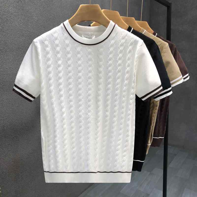 ファッション メンズ 服 男性用 シンプル かっこいい 大人 春コーデ ホワイト ケーブル ニット 薄手 半袖 セーター プルオーバー インナー ニット シャツ 重ね着 半袖 セーター