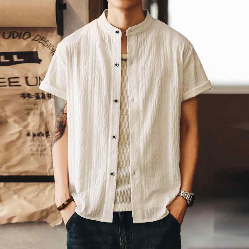 スタンドカラー 無地 半袖 シャツ メンズ 夏 ゆったり テクスチャード カジュアル シャツ