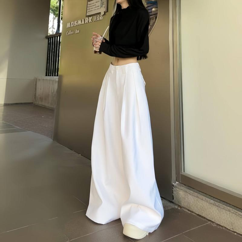 レディース ホワイト スーツ パンツ ストレート レッグ ハイウエスト シルエット カジュアル ワイド ロング