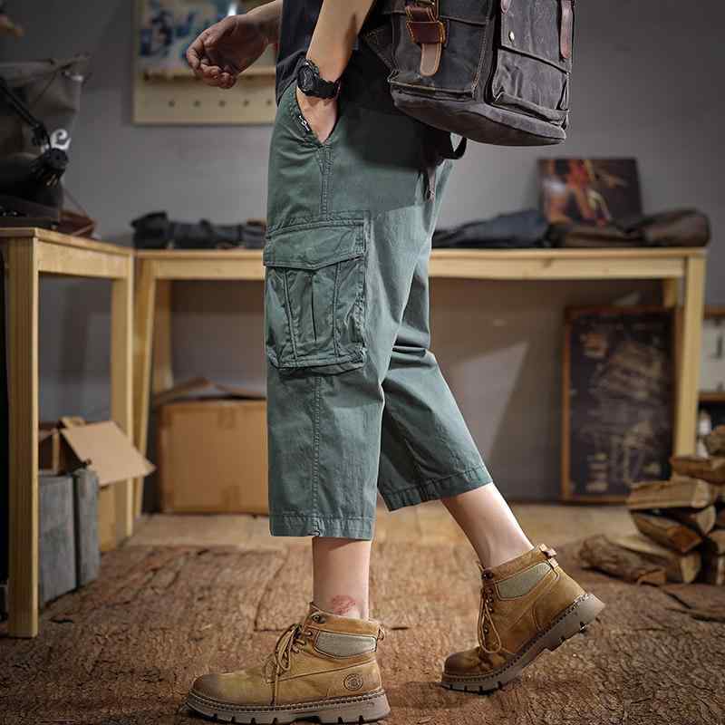 アメリカン アウトドア ハイキング スポーツ カジュアル パンツ メンズ ゆったり ストレート レッグ 乗馬用 マルチ ポケット クロップド パンツ