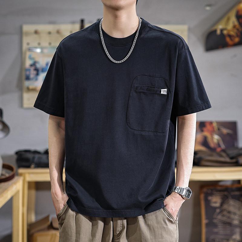 乐天商城 - 夏 コーデ スタイル コットン ウォッシュ加工 メンズ 半袖 Tシャツ アメリカン レトロ ポケット 半袖 Tシャツ
