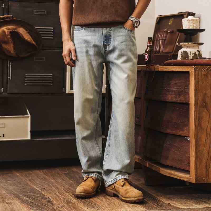 乐天商城 - リヨセル 薄手 ウォッシュ ストレート レッグ ジーンズ メンズ アメリカン レトロ 春　秋 コーデカジュアル パンツ