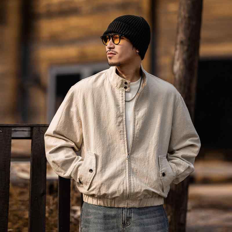 Rakuten - オールドスタイル リネン レトロ ワーク ウェア ジャケット メンズ スタイル ゆったり フィット アメリカン カジュアル 通勤ウェア ジャケット スタンドカラー