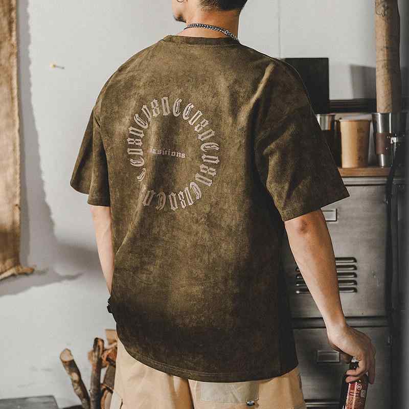 Rakuten - アメリカン レトロ Tシャツ メンズ 半袖 夏 ゆったり スエード ダメージ加工 ドレープ 半袖 Tシャツ