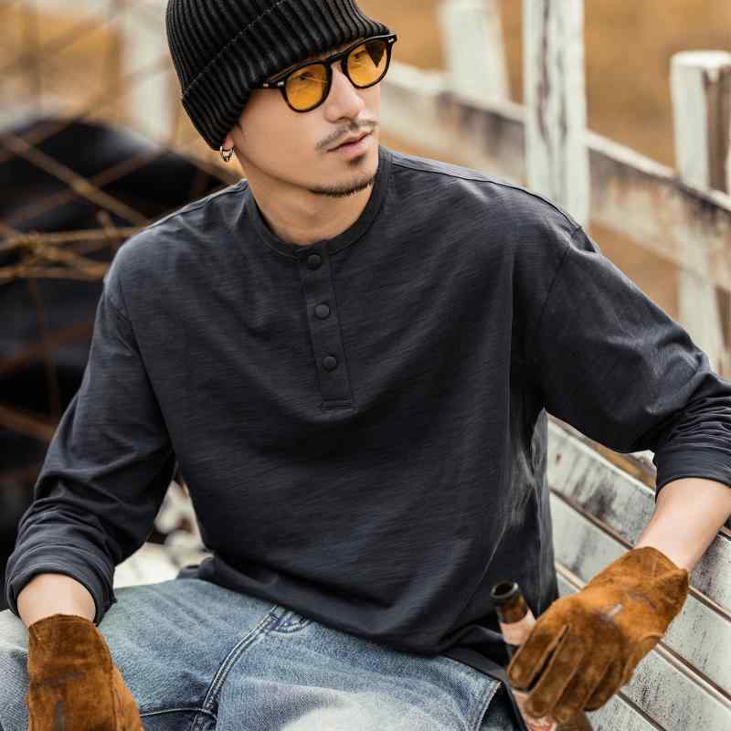 乐天商城 - アメリカン レトロ 綿 Tシャツ メンズ 長袖 春 ヘンリーカラー ポロシャツ ゆったり カジュアル トップス