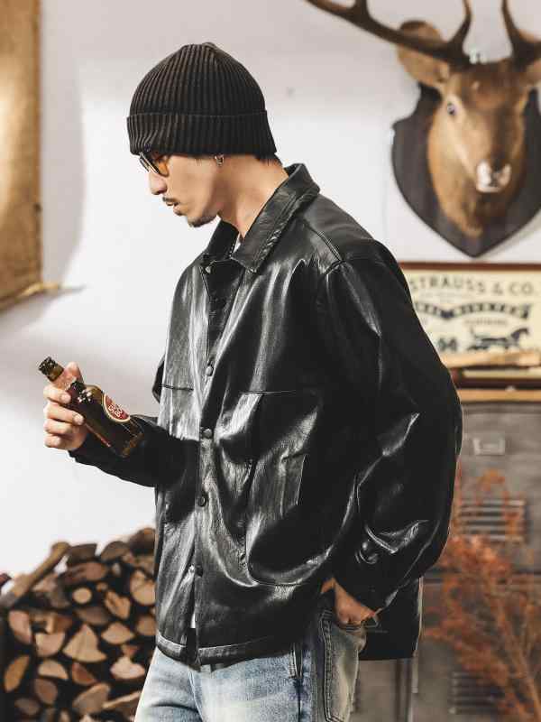 メンズ 男性用 アメリカン レトロ ソフト PUレザー ジャケット ゆったり フィット スタイル 男性用 シャツ