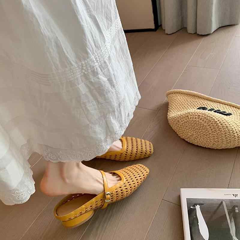 レディース 靴 EUサイズ表記 サンダル スリッパ パンプス 編み込み カットワーク スクエアトゥ 夏 レトロ ワンストラップ ミュール チャンキーヒール
