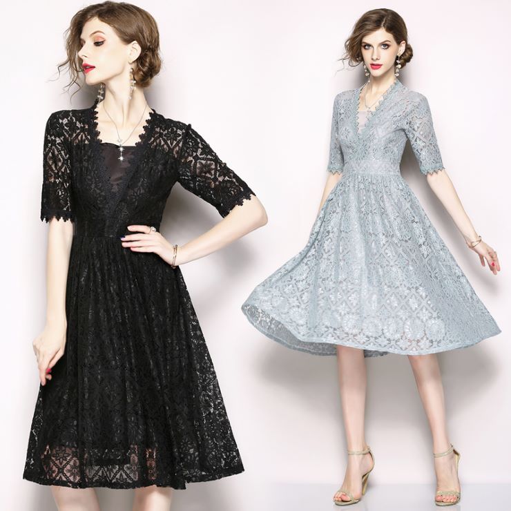 フローラル柄総レースパーティードレス ■ パーティードレス 結婚式 ワンピース フォーマル 披露宴 卒業式 入学式 発表会 二次会 20代 30代 40代 大人 レディース ミディアム丈 ひざ丈 5分袖・7分袖 花柄 レース 春 夏 秋 冬