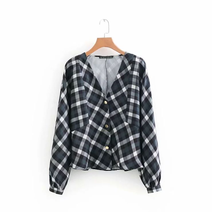 Rakuten - チェック柄Vネックブラウス ■ ブラウス シャツ セレブ オフィス blouse OL トップス 通勤 かわいい 大人 レディース 長袖 柄物 チェック柄 秋 冬