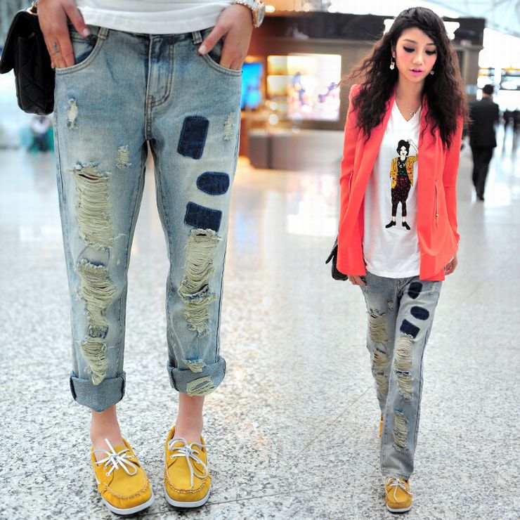 ダメージ加工デニムパンツ ■ デニム ジーンズ クラッシュ レディース