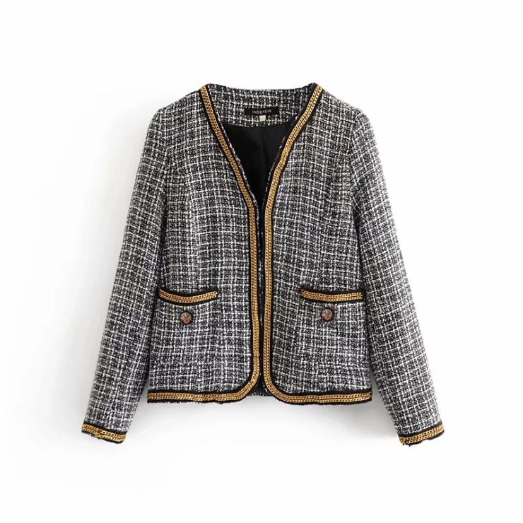 ゴールチェーンツイードチェック柄ジャケット ■ レディース 春 夏 秋 冬