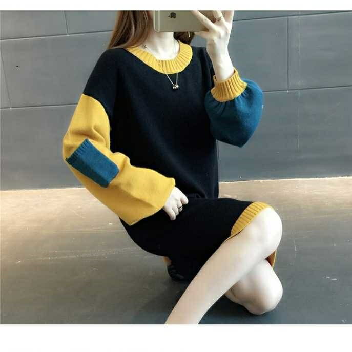 バイカラー袖ニットワンピース ■ ワンピース 結婚式 ドレス 結婚式 二次会 入園式 卒業式 大人 上品 入学式 OL レディース ミディアム丈 長袖 秋 冬