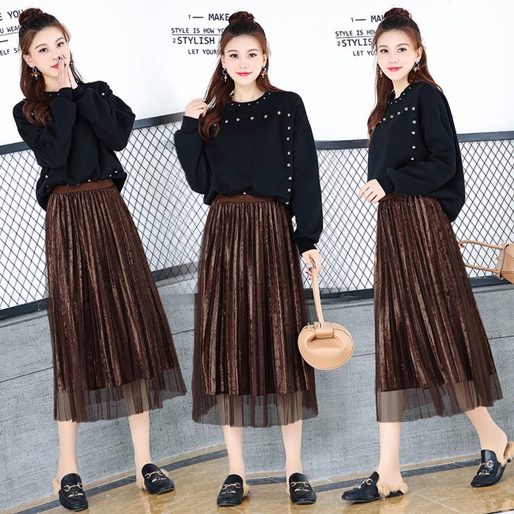 乐天商城 - チュール付きプリーツスカート ■ スカート すかーと Skirt スカート ミディアム 膝丈 ひざ丈 膝上 ひざ上 膝下 ひざ下