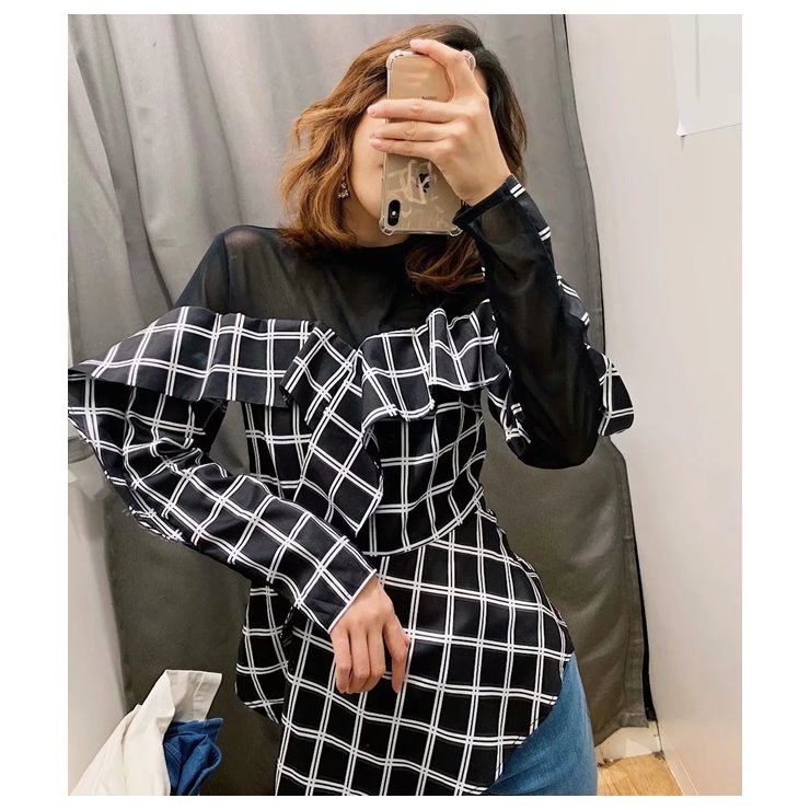 Rakuten - 格子柄シースルーアシメブラウス ■ シャツ ブラウス OL オフィス セレブ blouse トップス 通勤 かわいい 大人 レディース 長袖 柄物 秋 冬