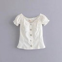 シャーリング袖ブラウス ■ シャツ ブラウス トップス セレブ オフィス blouse OL 通勤 かわいい 大人 レディース 半袖 無地 春 夏 秋 冬