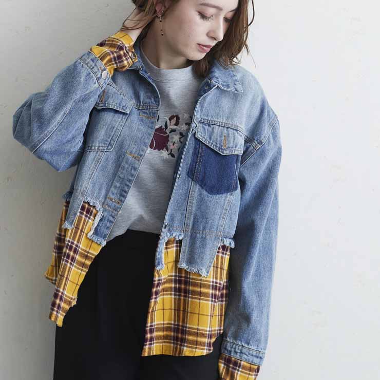 Rakuten - オーバーサイズチェック切替デニムジャケット ■ レディース 春 夏 秋 冬