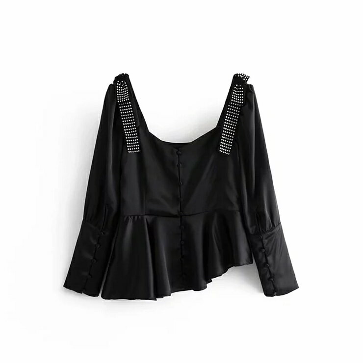 Long-Sleeved - ラインストーンアシメブラウス ■ シャツ ブラウス OL オフィス セレブ blouse トップス 通勤 かわいい 大人 レディース 長袖 無地 秋 冬