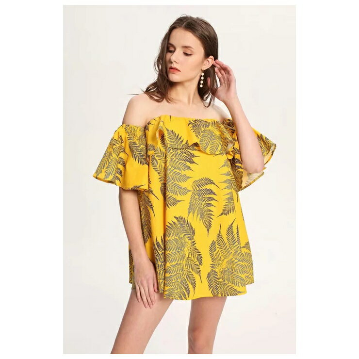 Other - リーフプリントオフショルブラウス ■ ブラウス シャツ セレブ オフィス blouse OL トップス 通勤 かわいい 大人 レディース 5分袖・7分袖 柄物 春 夏 秋 冬