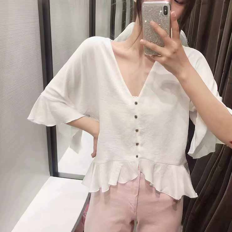 Rakuten - 上品フリルブラウス ■ シャツ ブラウス トップス セレブ オフィス blouse OL 通勤 かわいい 大人 レディース 5分袖・7分袖 無地 春 夏 秋 冬