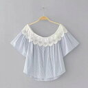 レースカラーストライプブラウス ■ ブラウス シャツ セレブ オフィス blouse OL トップス 通勤 かわいい 大人 レディース 半袖 柄物 春 夏 秋 ...