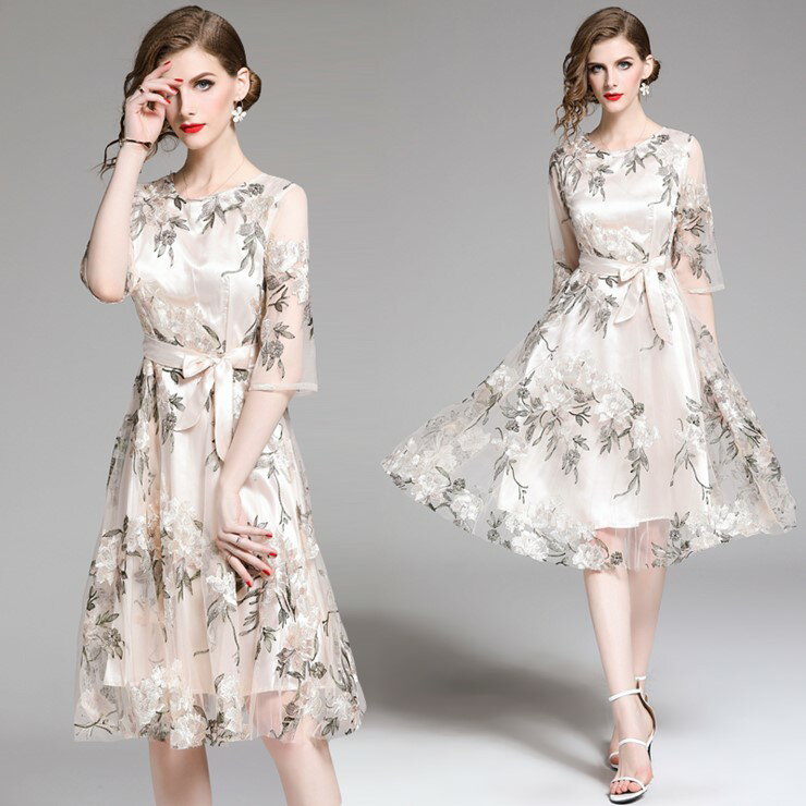 花柄刺繍ウエストリボンワンピース ■ パーティードレス ワンピース 結婚式 披露宴 卒業式 入学式 発表会 二次会 フォーマル 20代 30代 40代 大人 レ...