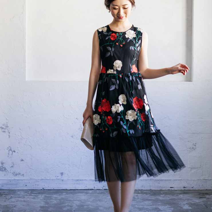 Rakuten - 花柄刺繍チュールワンピース ■ ワンピース ドレス ドレス 二次会 結婚式 大人 上品 入園式 卒業式 入学式 OL レディース ミディアム丈 花柄 刺繍 春 夏