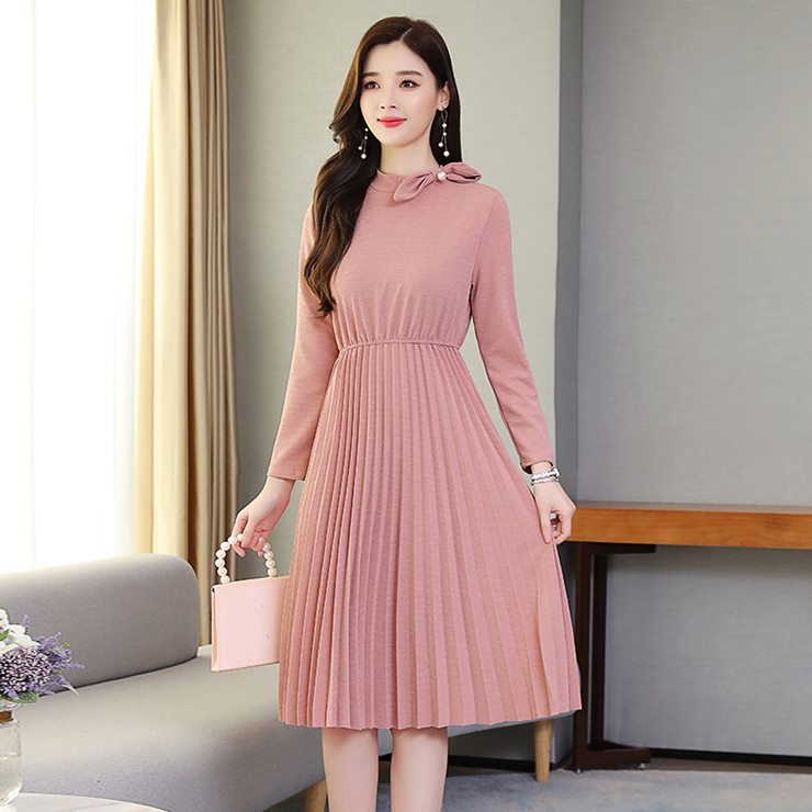 ネックリボンデザインプリーツワンピース ■ ワンピース 結婚式 ワンピ 二次会 入学式 入園式 卒業式 大人 上品 OL レディース ミディアム丈 長袖 秋 冬