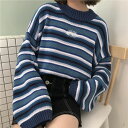 オーバーサイズボーダーニット ■ ニット Knit トップス セーター Sweater レディース 春 夏 秋 冬