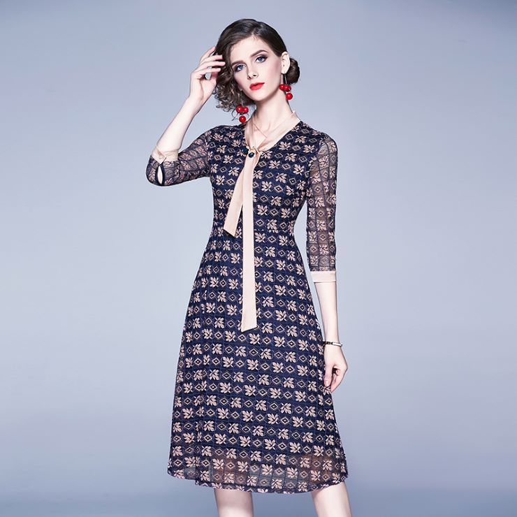 花柄レースボウタイリボンワンピース ■ パーティードレス 結婚式 ワンピース フォーマル 披露宴 卒業式 入学式 発表会 二次会 20代 30代 40代 大人 レディース 春 夏 秋 冬