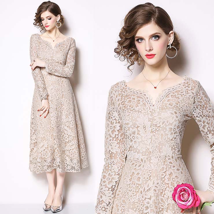 【4,923円クーポン利用で 9/20まで】 ロング総レース長袖デザインワンピース ■ パーティードレス ワンピース 結婚式 披露宴 卒業式 入学式 発表会 二次会 フォーマル 20代 30代 40代 大人 レディース 春 夏 秋 冬のサムネイル