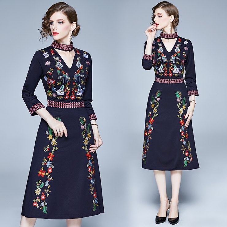 レトロフラワーモチーフVネックワンピース ■ ワンピース ワンピ 入学式 結婚式 入園式 卒業式 二次会 OL オフィス レディース 春 夏 秋 冬