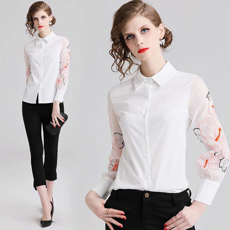 袖刺繍ホワイトシャツ ■ シャツ ブラウス オフィス OL トップス 通勤 セレブ かわいい 大人 冷房 レディース 春 夏 秋 冬