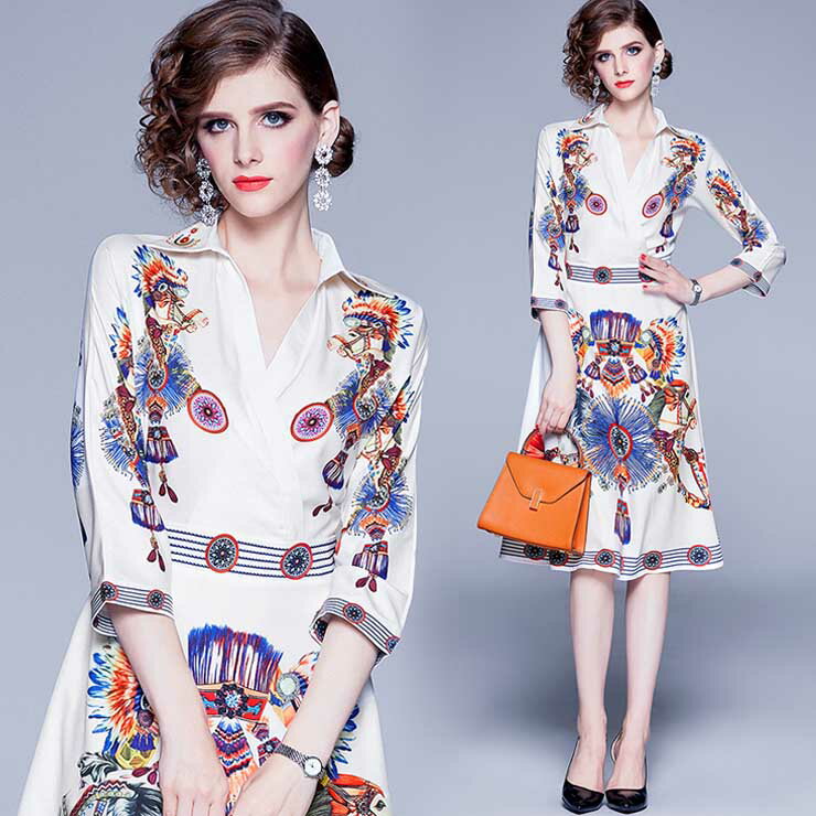 スカーフ柄スキッパ-ワンピース ■ ワンピース 入園式 ワンピ 結婚式 二次会 入学式 大人 上品 卒業式 OL レディース 春 夏 秋 冬